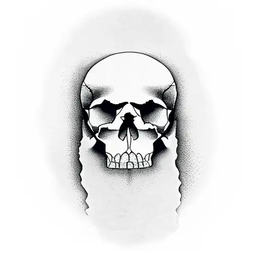 a rock in the shape of a skull sits in a pine forest. A water fall comes out of the nose of the skull and into a lake tattoo design idea