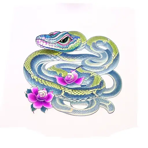 snake with rose and butterfly  on hand tattoo design idea