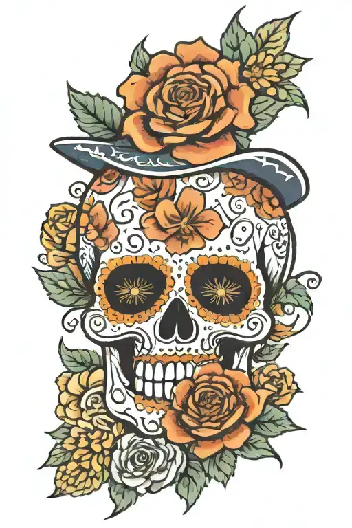 sugar skull Dallas cowboys feminine surrounded by dahlias tattoo design idea