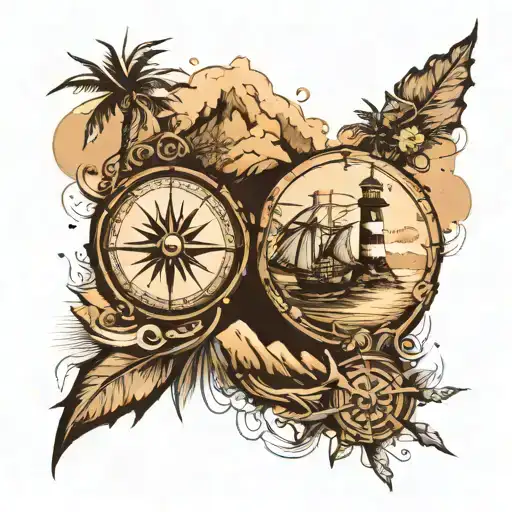 generate a sleeve tattoo containing compass, mountain coconut trees, jeep, map,ship, sea, lighthouse tattoo design idea