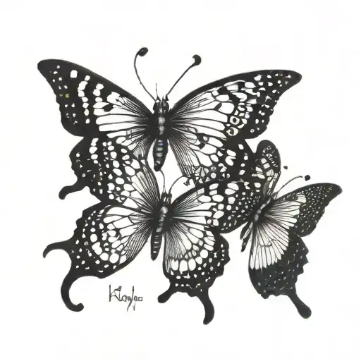 A trio of butterflies with the names Chasidy, Kaden, and Rylie incorporated into the wing patterns tattoo design idea