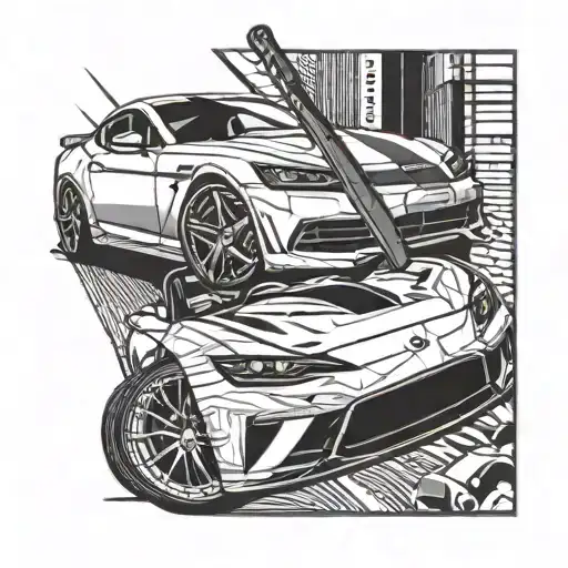 A baseball bat morphing into a sleek sports car in blackwork tattoo design idea