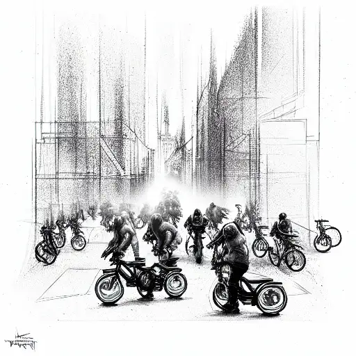 bikers riding into a city tattoo design idea