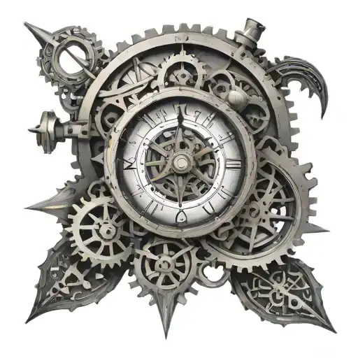 A mechanical clock with gears and cogs intertwined with a compass rose, symbolizing the passage of time and exploration tattoo design idea