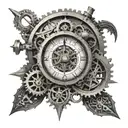 A mechanical clock with gears and cogs intertwined with a compass rose, symbolizing the passage of time and exploration tattoo design idea