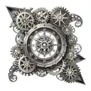 A mechanical clock with gears and cogs intertwined with a compass rose, symbolizing the passage of time and exploration tattoo design idea