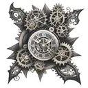 A mechanical clock with gears and cogs intertwined with a compass rose, symbolizing the passage of time and exploration tattoo design idea