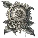 A mechanical clock with gears and cogs intertwined with a compass rose, symbolizing the passage of time and exploration tattoo design idea