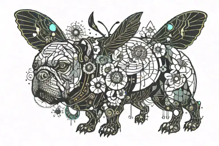 bulldog ladybug bumble bee butterfly clock flowers tattoo design idea