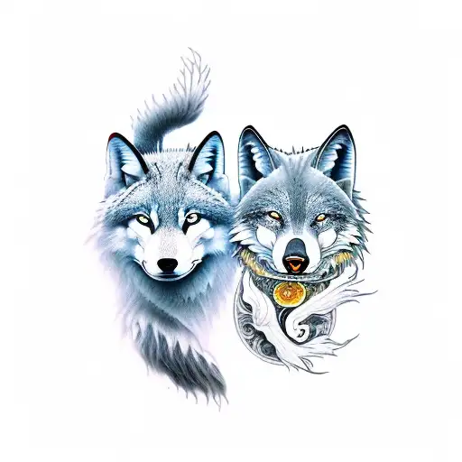 yin and yang wolf and fox with wildlife  tattoo design idea