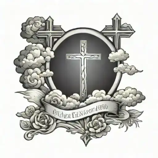 the verse Philippians 4:13 as steps leading to the 3 crosses with rays coming out with clouds  tattoo design idea