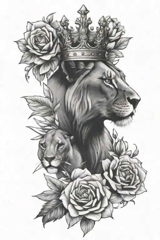2 Lioness with a crown surrounded by bold flowers tattoo design idea
