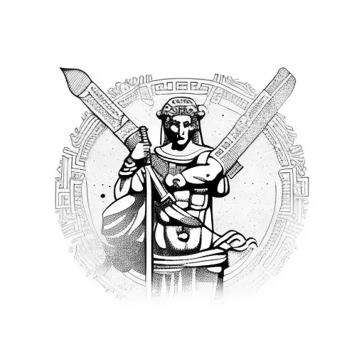 Greek statue with ancient weapons tattoo design idea