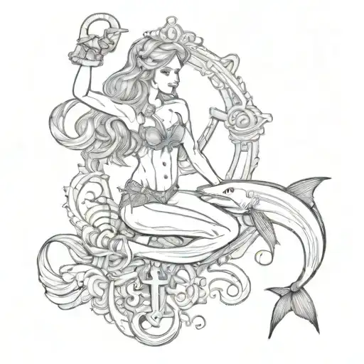 mermaid and anchor with shark tattoo design idea
