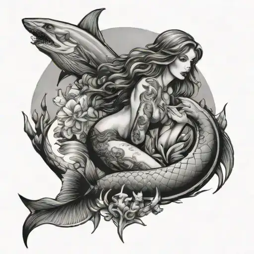 mermaid with shark at anchor tattoo design idea