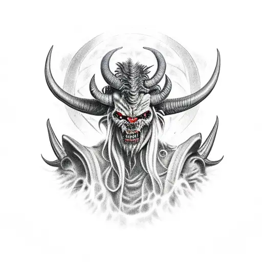 a full body demon coming out of hell's gate with big horns and scars.  tattoo design idea