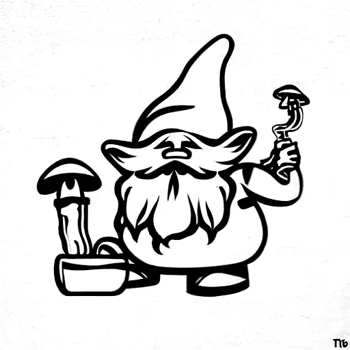 gnome smoking a pipe with mushrooms tattoo design idea