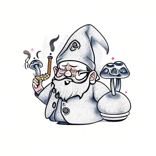 gnome smoking a pipe with mushrooms tattoo design idea