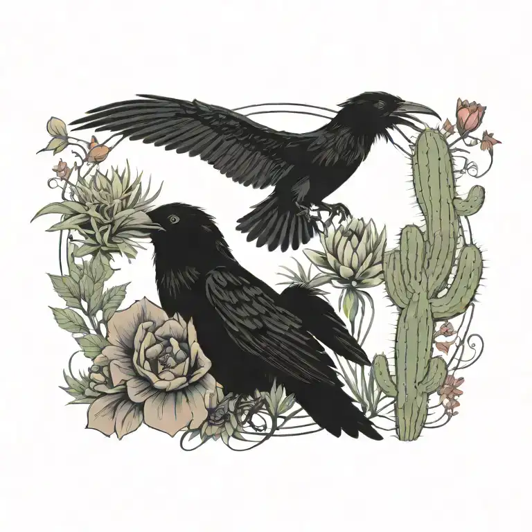 Wild Flowers, raven, cowboy, Cactus, desert tattoo design idea