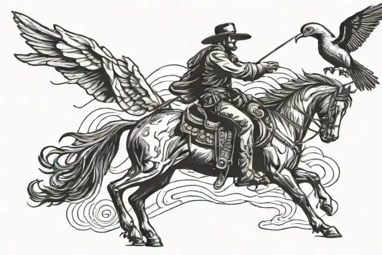 A blackwork illustration of a cowboy lassoing a bird in a wild west setting tattoo design idea