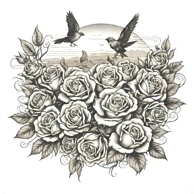 roses, birds, old west, cowboy, desert scape leading to heaven tattoo design idea