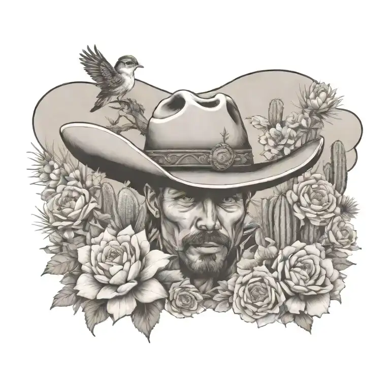 Wild Flowers, sparrow, cowboy, Cactus, desert tattoo design idea