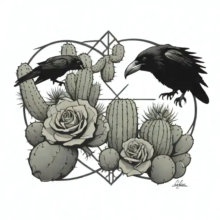 balanced, Western, Wild Flowers, raven, cowboy, Cactus, desert tattoo design idea