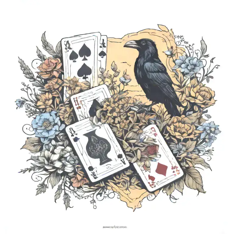 balance, wild flowers, raven, old west, playing cards, queen, cowboy, desert scape, desert sky,  tattoo design idea