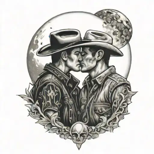 2 cowboys kiss in love, under moon tattoo design idea