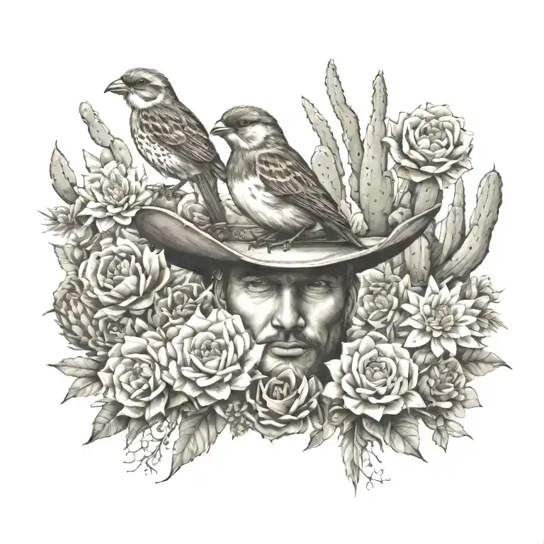 Wild Flowers, sparrow, cowboy, Cactus, desert tattoo design idea