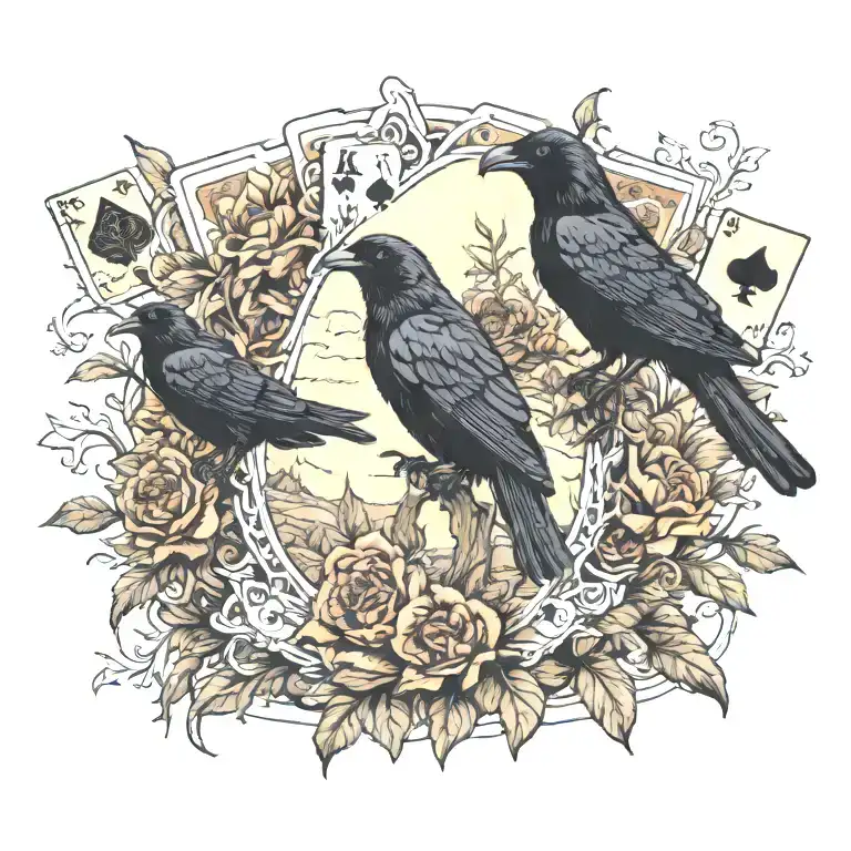 wild flowers, raven, old west, playing cards, queen, cowboy, desert scape, desert sky,  tattoo design idea
