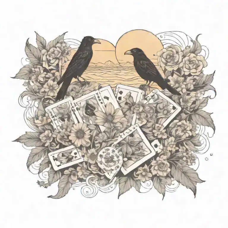 balance, wild flowers, cowboys, raven, old west, playing cards, queen, cowboy, desert scape, desert sky,  tattoo design idea