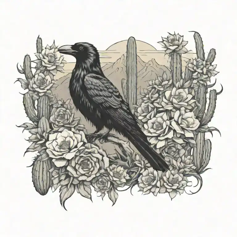 balanced, Western, Wild Flowers, raven, Western cowboy, Cactus, desert, Cactus tattoo design idea
