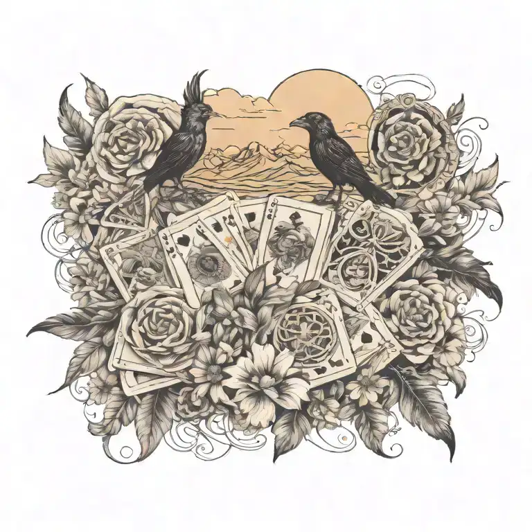 balance, wild flowers, cowboys, raven, old west, playing cards, queen, cowboy, desert scape, desert sky,  tattoo design idea