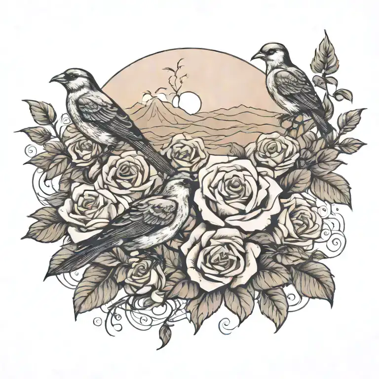 roses, bird, old west, desert scape, desert sky, tattoo design idea