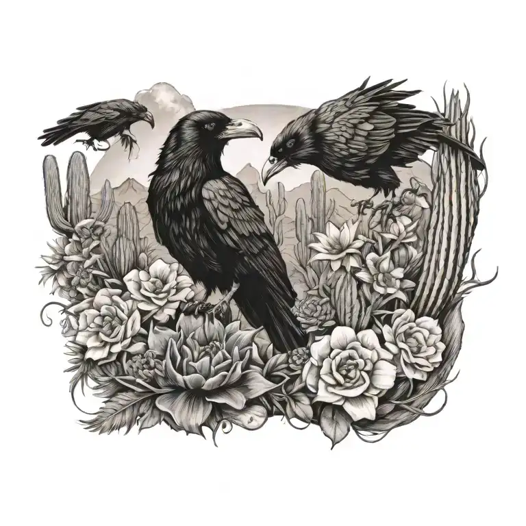 Wild Flowers, raven, cowboy, Cactus, desert tattoo design idea