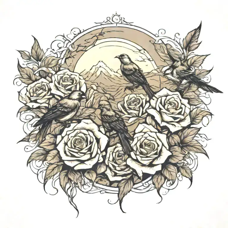 roses, birds, old west, desert scape leading to heaven tattoo design idea