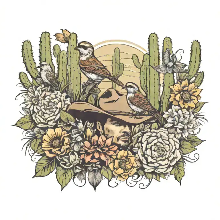 Wild Flowers, sparrow, cowboy, Cactus, desert tattoo design idea