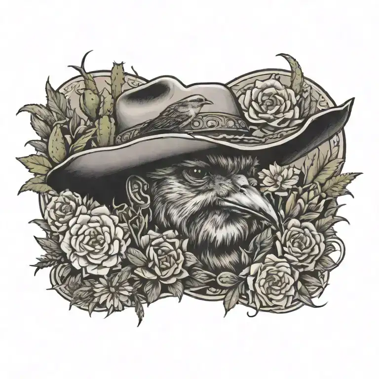 Wild Flowers, sparrow, cowboy, Cactus, desert tattoo design idea