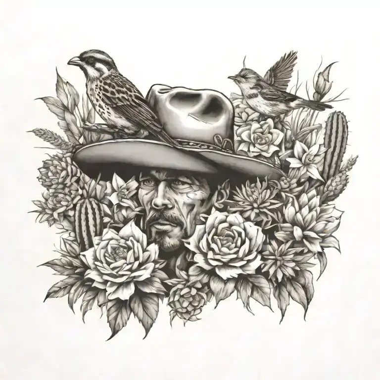Wild Flowers, sparrow, cowboy, Cactus, desert tattoo design idea