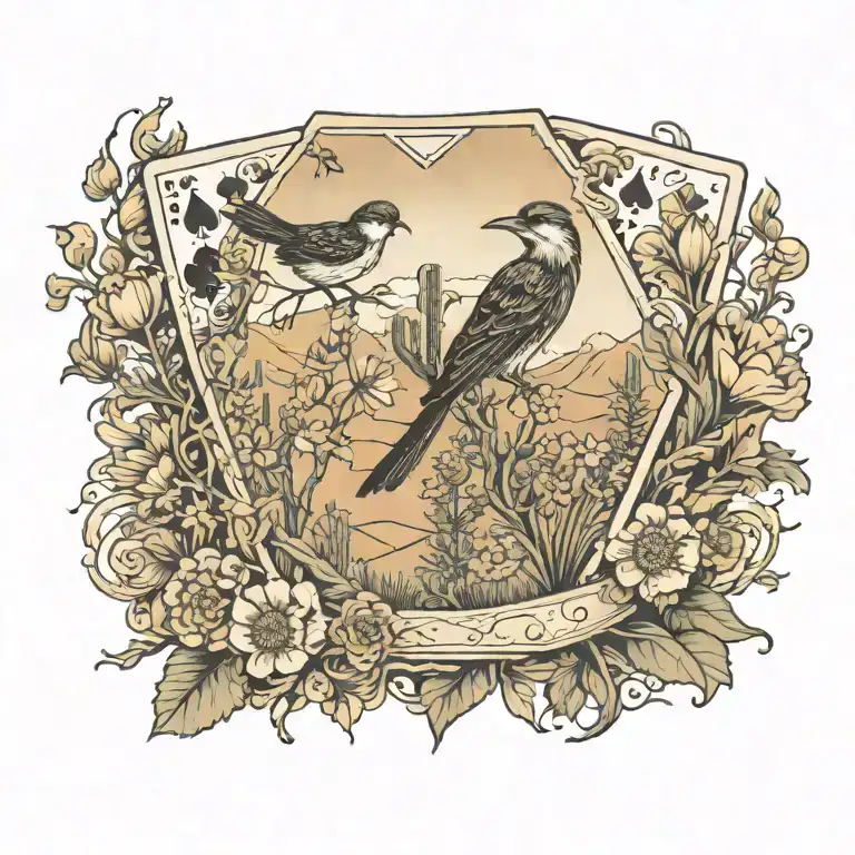 wild flowers, bird, old west, playing cards, cowboy, desert scape, desert sky,  tattoo design idea