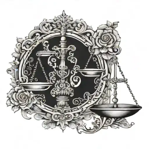 A scale of justice with intricate patterns and shading, symbolizing fairness and equality tattoo design idea