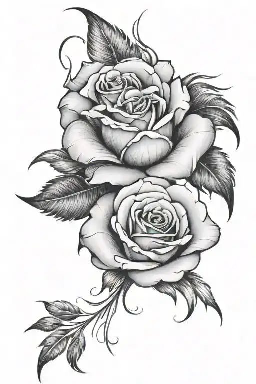 one stylized rose crossed with one realistic feather tattoo design idea