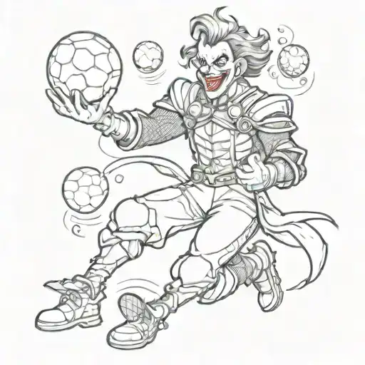 A sketch of a joker juggling footballs while wearing samurai armor tattoo design idea