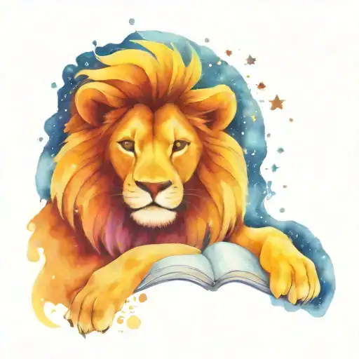 A blackwork tattoo of a lion holding a book surrounded by stars and the Little Prince tattoo design idea