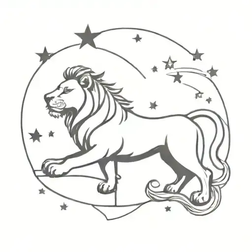 A blackwork tattoo of a lion holding a book surrounded by stars and the Little Prince tattoo design idea