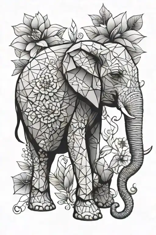 geometric floral elephant with tattoo design idea