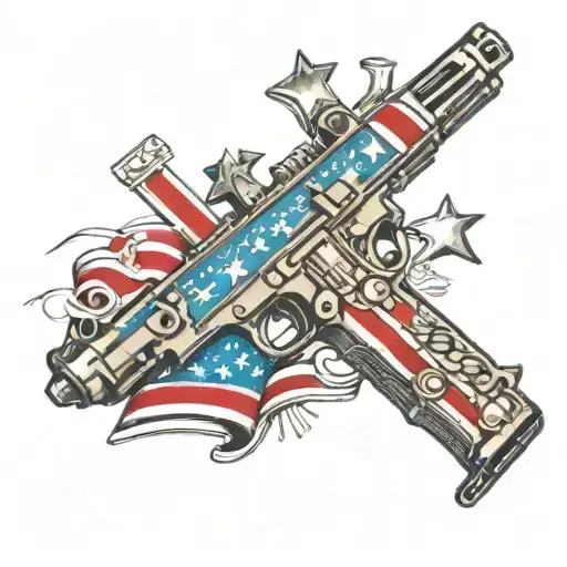 A new-school style tattoo featuring a cross made out of gun parts, surrounded by elements of the American flag tattoo design idea
