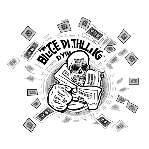 A stack of cash with the words 'get rich or die tryin' in a bold font tattoo design idea