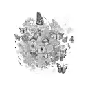 A vibrant bouquet of flowers with a trail of colorful butterflies flying above it tattoo design idea